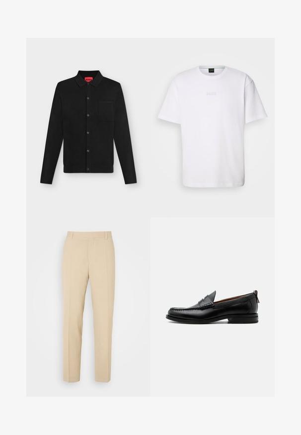 Chemise noire à manches longues boutonnée avec col et poche poitrine, étiquette intérieure rouge marquée "HUGO", présentée sur un fond clair uni.; T-shirt en coton blanc à manches courtes, col rond, avec un logo « BOSS » en relief sur la poitrine. Texture lisse, coupe standard.; Pantalons beige ajustés avec une coupe droite, fabriqués en tissu léger, dotés de deux poches avant et de plis bien repassés.; Mocassin homme en cuir noir avec couture moc toe, bride penny, col texturé et petit talon empilé sur fond blanc.