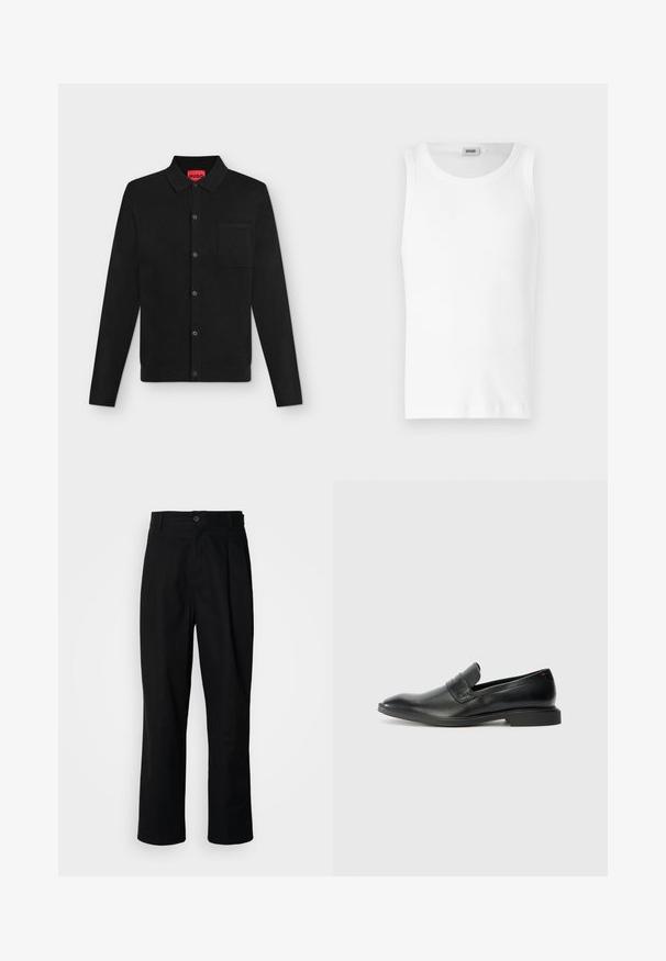 Chemise noire à manches longues boutonnée avec col et poche poitrine, étiquette intérieure rouge marquée "HUGO", présentée sur un fond clair uni.; Débardeur en coton blanc sans manches avec un col rond et une texture lisse. Design simple, sans motifs ni accents.; Pantalons noirs à jambes droites avec une taille à bouton, passants de ceinture et pli avant, présentés sur un fond blanc uni.; Mocassins en cuir noir avec une texture lisse, un nez pointu et un petit talon rectangulaire. Présente un détail de bande horizontale sur le dessus.