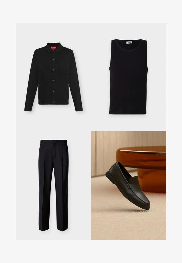 Chemise noire à manches longues boutonnée avec col et poche poitrine, étiquette intérieure rouge marquée "HUGO", présentée sur un fond clair uni.; Débardeur noir sans manches en coton doux. Il présente une encolure ronde et une coupe droite, avec des détails de couture minimaux.; Pantalon noir ajusté à coupe droite, avec un devant plissé et des poches latérales. Confectionné dans un tissu lisse et léger à motif uni.; Mocassin noir en cuir sans lacets exposé sur un tapis beige à côté d'une table en verre ambré de forme incurvée dans une pièce aux tons neutres.