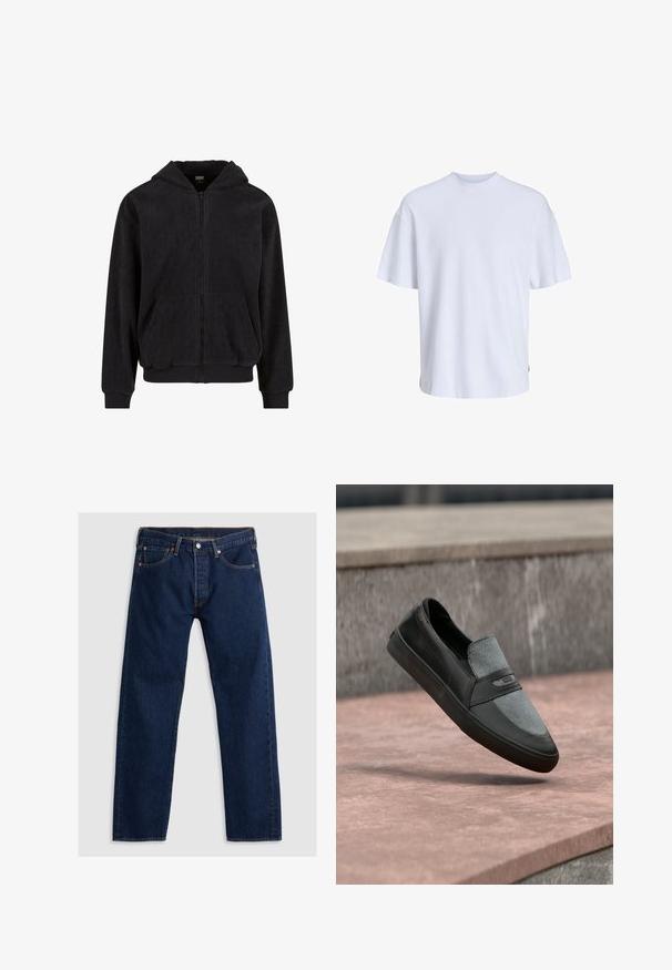 Sort zip-hoodie med et tekstureret mønster, der har hætte, to forlommer og ribbede cuffe og kant. Fremstillet af blødt stof.; Hvid bomulds t-shirt med rund halsudskæring og korte ærmer. Har en løs pasform og glat tekstur, uden synlige mønstre eller detaljer.; Mørkeblå lige ben denim jeans med frontknap, bæltesløjfer og fem-lomme design lagt fladt på en lys baggrund.; Sort og grå slip-on sko med gummisål, svævende over en betonoverflade og gråt stent baggrund.