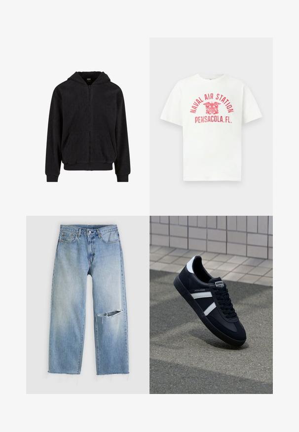 Zwarte rits-hoodie met een gestructureerd patroon, voorzien van een capuchon, twee voorzakken en geribbelde mouwen en onderrand. Gemaakt van zachte stof.; Witte T-shirt met korte mouwen en rode tekst "NAVAL AIR STATION PENSACOLA, FL." en een adelaar-embleem in het midden van de voorkant.; Lichtblauwe jeans met rechte pijpen, een grote horizontale scheur op de rechterknie en rafelige zoom, tegen een witte achtergrond.; Zwarte leren sneaker met witte strepen, een gestructureerde rubberen zool en vetersluiting aan de voorkant. Voorzien van een merklabel op de tong.