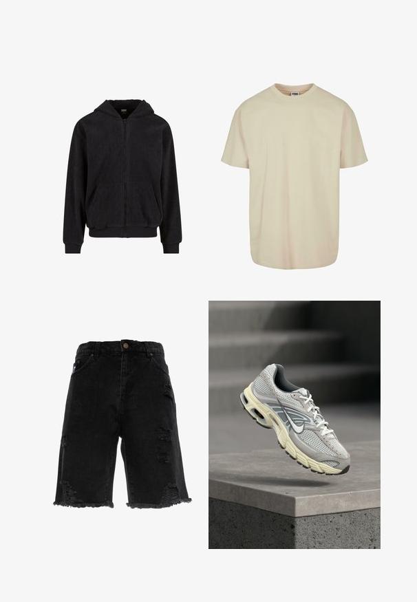 Zwarte rits-hoodie met een gestructureerd patroon, voorzien van een capuchon, twee voorzakken en geribbelde mouwen en onderrand. Gemaakt van zachte stof.; Korte mouwen t-shirt in lichtbeige katoen met een ronde hals, voorzien van een relaxte pasvorm en een zachte textuur, zonder zichtbare patronen of accenten.; Zwarte denim shorts met een rafelige zoom, voorzien van versleten scheuren en een rechte snit. Inclusief traditionele voorzakken en een metalen knoop.; Grijs-witte Nike hardloopschoen met gevoerde zool zweeft boven een betonnen trede in een buitenomgeving.