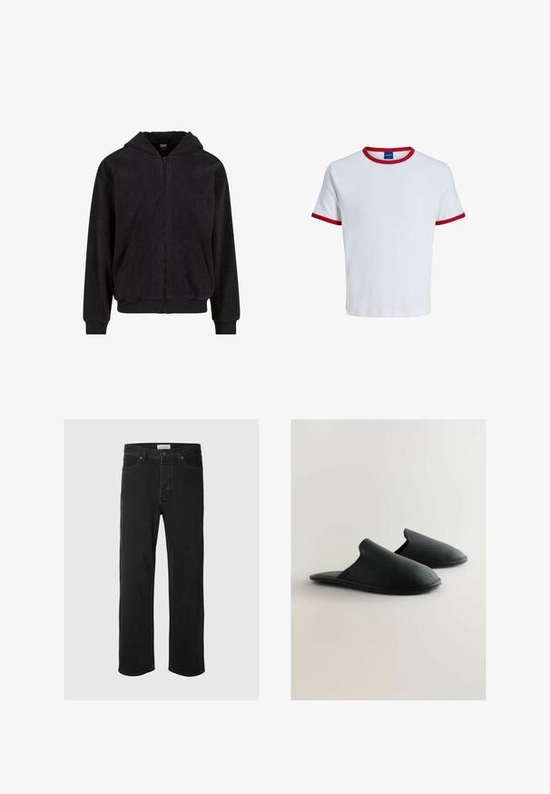 Sort zip-hoodie med et tekstureret mønster, der har hætte, to forlommer og ribbede cuffe og kant. Fremstillet af blødt stof.; Hvid T-shirt med korte ærmer med rød kant på krave og ærmekanter, vist på en ensfarvet baggrund.; Sorte denim straight-leg jeans har et klassisk fem-lomme design med knaplukning, minimal syning og en blød tekstur.; Svarte slip-on hjemmesko lavet af tekstureret læder med rund tå og fleksibel gummisål. Glat indvendig foring. Ingen synlige metaldele.