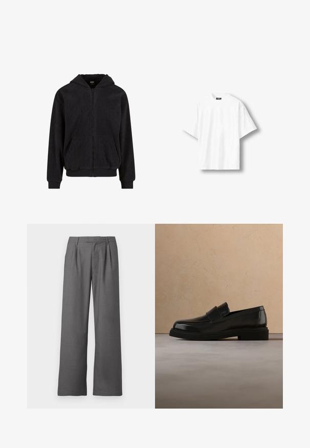 Sort zip-hoodie med et tekstureret mønster, der har hætte, to forlommer og ribbede cuffe og kant. Fremstillet af blødt stof.; Hvid, kortærmet oversize T-shirt med rund hals og sort label på indersiden af nakkekanten, vist på en lys baggrund.; Grå vide benbukser lavet af glat stof, med en plisseret front, sidelommer og en skrædderlavet talje med bæltestropper.; Sort læderloafer svæver over et beige tekstureret tæppe, med et rundt træ-sofabord og bøger i baggrunden.