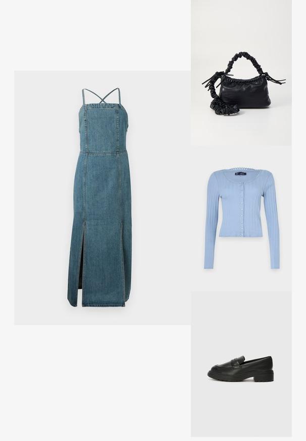 Lysblå ribbestrikket cardigan med lange ærmer, rund halsudskæring med bølgede kanter og knaplukning med små dekorative knapper.; Denimkjole med tætsiddende liv, justerbare krydsede rygstropper og en sideslids. Den har en mellemblå vask og en lige silhuet.; Sorte læder loafers med en lav blokhæl, der har en rund tå og dekorativ syning på overdelen. Tekstureret gummisål.; Sort kunstlæder håndtaske med krokodilteksur, indsnøret top og en sammenkrøben rem. Ser blød og kompakt ud i designet.