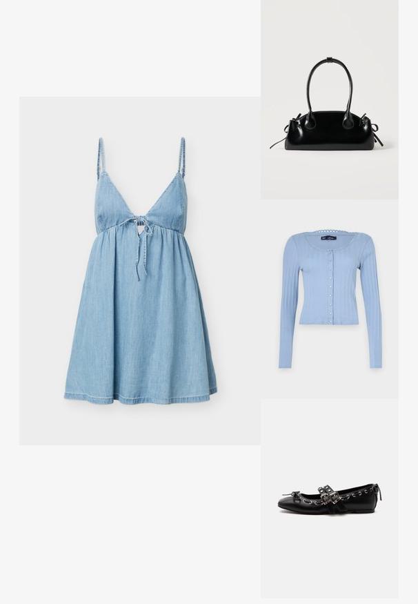 Cárdigan de canalé azul claro con mangas largas, escote redondo con borde festoneado y cierre de botones con pequeños botones decorativos.; Vestido sin mangas de mezclilla azul claro con tirantes finos y detalle de lazo en el frente, con corpiño ajustado y falda acampanada.; Zapato de ballet plano negro con correas de doble hebilla, ojales plateados y un pequeño lazo cerca de la puntera redondeada sobre un fondo blanco.; Pequeño bolso negro brillante con dos asas largas y detalles de cordón lateral sobre un fondo claro liso.