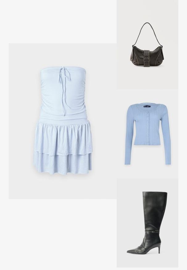 Cárdigan de canalé azul claro con mangas largas, escote redondo con borde festoneado y cierre de botones con pequeños botones decorativos.; Vestido sin tirantes de color azul claro con rayas horizontales blancas, con un top fruncido y una falda en capas con volantes. Tejido suave y ligero.; Botas negras de cuero hasta la rodilla con tacón delgado, punta afilada y detalles de diseño con correas en el tobillo. Textura suave y diseño ajustado.; Bolso de hombro de cuero negro con detalle de correa con hebilla, bordes curvos y costuras blancas en contraste sobre un fondo liso.