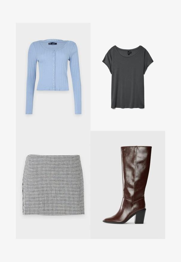Cárdigan de canalé azul claro con mangas largas, escote redondo con borde festoneado y cierre de botones con pequeños botones decorativos.; Camisa gris de manga corta con un amplio escote redondo, tejido suave y corte relajado. Sin patrones ni acentos visibles. Textura lisa.; Minifalda con patrón de cuadros en blanco y negro y dobladillo recto contra un fondo claro y liso.; Bota alta de cuero marrón oscuro con punta afilada y tacón bloque apilado, mostrada de lado sobre un fondo liso.