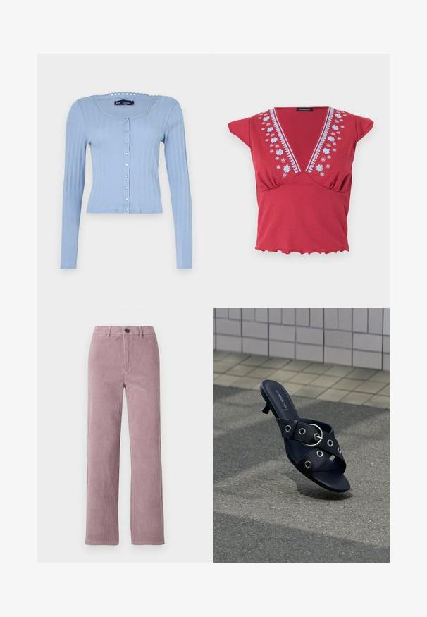 Lysblå ribbestrikket cardigan med lange ærmer, rund halsudskæring med bølgede kanter og knaplukning med små dekorative knapper.; Rød top med korte ærmer og dyb V-udskæring, blå blomsterbroderi langs halsudskæringen og flæsekant mod en hvid baggrund.; Corduroy bukser i lys mauve med lige ben. Har en frontlukning med knap og vertikal ribbet tekstur.; Sort hælsandal med krydsede stropper med sølvøjer og en rund spænde, placeret på tekstureret fortov nær flisevæg.