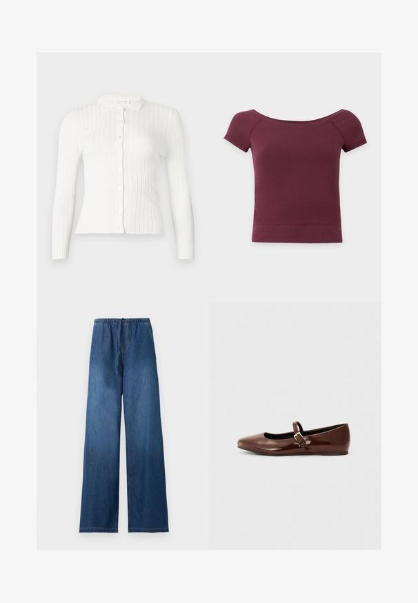 Cardigan blanc en maille côtelée avec manches longues, boutons à l'avant et petit col.; Top court à manches courtes, épaules dénudées, en tissu uni bordeaux foncé avec ourlet et encolure côtelés.; Pantalon large en denim bleu avec ceinture élastique et cordon de serrage, sans poches visibles ni ornements, présenté sur un fond uni.; Ballerine en cuir verni marron avec un bout carré et une lanière ornée d'une petite boucle dorée. Texture lisse, talon bas et design minimaliste.