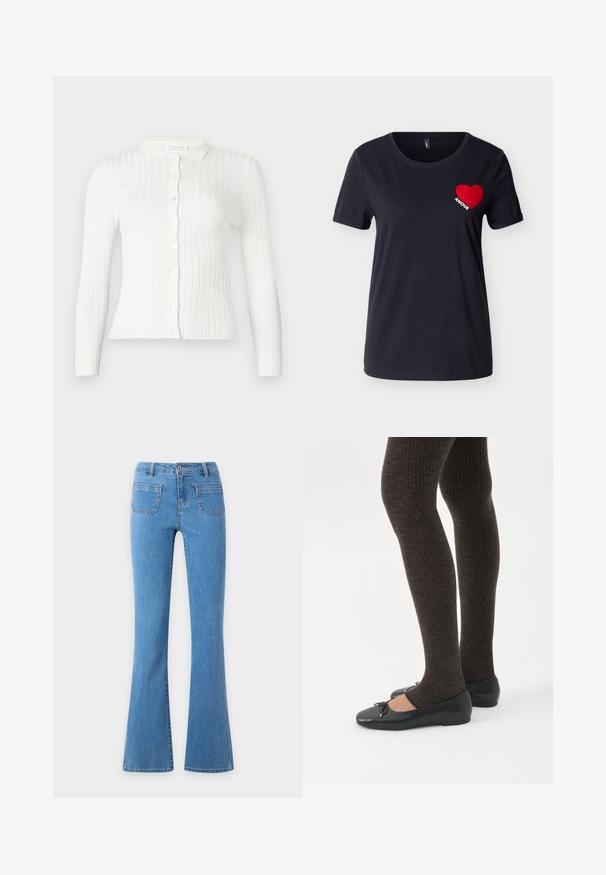 Cardigan blanc en maille côtelée avec manches longues, boutons à l'avant et petit col.; T-shirt noir à manches courtes avec col rond, présentant un cœur rouge et le mot « AMOUR » sur le côté gauche de la poitrine.; Jean denim bleu clair taille haute avec un bouton devant, deux poches plaquées à l'avant et un design de jambes évasées.; Jambes portant des leggings côtelés foncés associés à des ballerines noires avec de petits détails en nœud sur fond blanc.