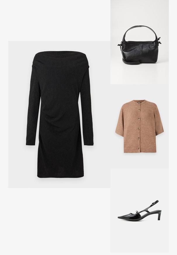 Brun kortærmet cardigan lavet af blødt stof, med rund halsudskæring og seks lyse knapper foran.; Sort off-shoulder kjole i et tekstureret, ribbet stof. Lange ærmer med draperet detalje og en tætsiddende silhuet. Sofistikeret design.; Sort laklæder spids tå slingback sko med lav hæl og to justerbare spænder, vist i sideprofil.; Sort læderhåndtaske med et struktureret design, rund tophåndtag og aftagelig skulderrem. Den har en glat tekstur og en subtil glans.