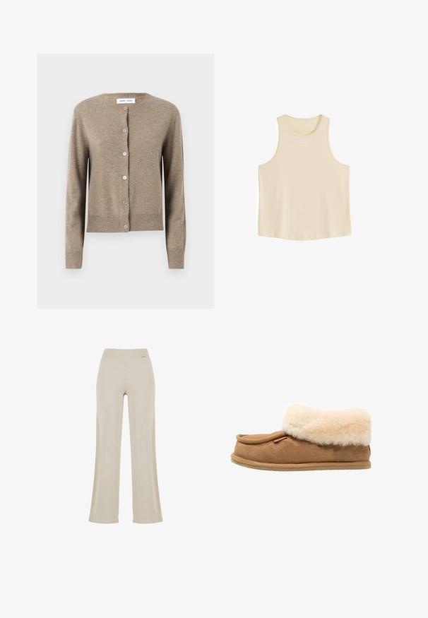 Beige villatakki pyöreällä kauluksella, pitkät hihat ja viisi nappia edessä; ribbireunat helmassa ja hihoissa. Pehmeä rakenne.; Hihaton beige crop-top pyöreällä pääntiellä ja pieni valkoinen logo kauluksen lähellä, yksivärisellä valkoisella taustalla.; Kermanhousu vaalealla värillä, jossa on sileä röyhelöinen pinta, joustovyötärö ja ilman näkyviä koristeita, tarjoten rentoa siluettia.; Ruskean mokkasiinit pehmeällä kerma-väreisellä tekoturkiskuopalla, pyöristetyllä kärjellä ja tekstuurilla varustettu pohja pitoon. Sivulla koriste-elementti.