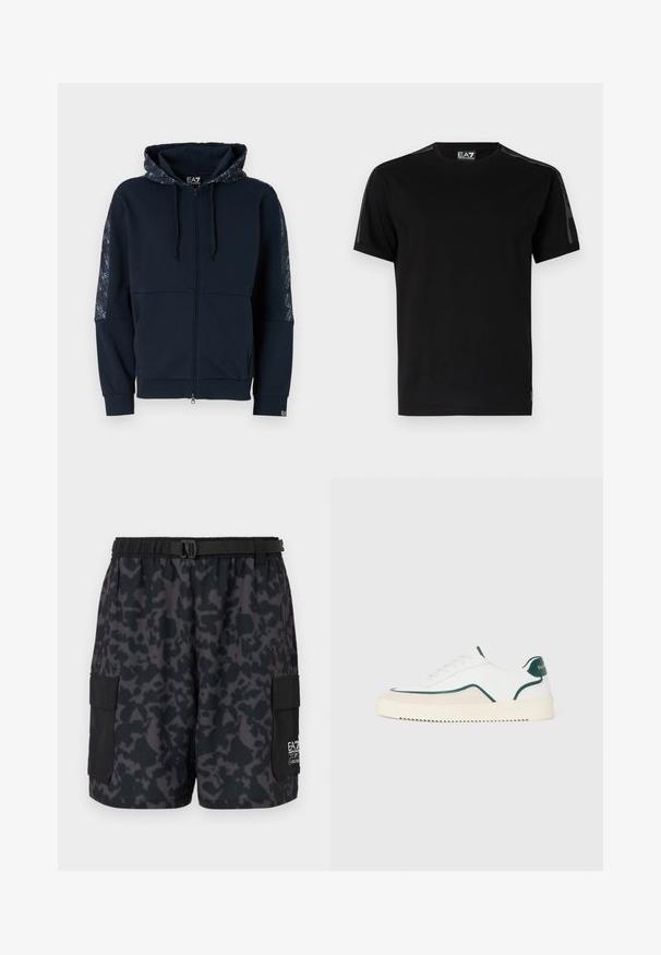 Sudadera con cremallera en color azul marino, con capucha estampada, detalles en negro, puños acanalados y textura suave. Presenta detalles de la marca en las mangas.; Camiseta negra de algodón, con mangas cortas, cuello redondo, paneles laterales de malla y una pequeña etiqueta con el logo en el dobladillo.; Pantalones cortos negros con un patrón de camuflaje oscuro, cinturilla elástica, bolsillos laterales y un cinturón con hebilla. Fabricados con un material ligero y cómodo.; Zapatilla baja blanca con detalles en verde, gamuza beige y suela de color crema con un fondo estriado.