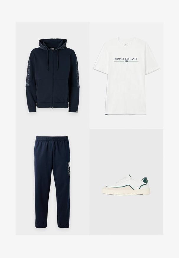Marineblå zip-up hættetrøje med mønstret hætte, sorte detaljer, ribbede manchetter og en blød tekstur. Har brandede detaljer på ærmerne.; Hvid bomulds t-shirt med korte ærmer, prydet med et blåt og grønt "ARMANI EXCHANGE" logo og "1991" centreret nedenfor.; Marineblå sweatpants med elastisk talje, tætsiddende ben og et hvidt logo på siden. Glat stof med en let tekstur.; Hvide lavtop sneakers med grønne detaljer, beige ruskind og en cremefarvet sål med en rilllet bund.
