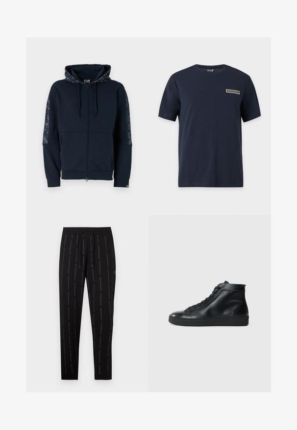 Sudadera con cremallera en color azul marino, con capucha estampada, detalles en negro, puños acanalados y textura suave. Presenta detalles de la marca en las mangas.; Camiseta azul marino de manga corta con un pequeño parche rectangular con el logo EA7 Emporio Armani en el pecho izquierdo y etiqueta EA7 en el interior del cuello.; Pantalones jogger negros de textura suave, con cintura elástica, cordón y patrón de logotipo repetido en un tono contrastante.; Zapatillas altas negras de cuero suave con punta redondeada, suela de goma plana y diseño de cordones en la parte delantera. Líneas limpias y acentos mínimos.