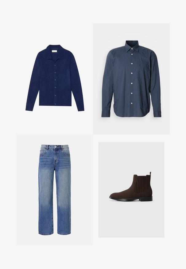 Maritiemblauwe, knoopsluiting cardigan van textuurstof, met een kraag en lange mouwen, voorzien van zes bijpassende knopen.; Marineblauw overhemd met lange mouwen, klein ruitpatroon, enkele borstzak en witte knopen op een effen achtergrond.; Lichtblauwe denim wijdvallende jeans met een vervagend patroon, vijf zakken en een ritsluiting. Kenmerkt zich door een knoop en riemlussen op de taille.; Bruine suède Chelsea-boots met elastische zijpanelen, lage hak en een lipje aan de achterkant. Gladde textuur en gestroomlijnd ontwerp.