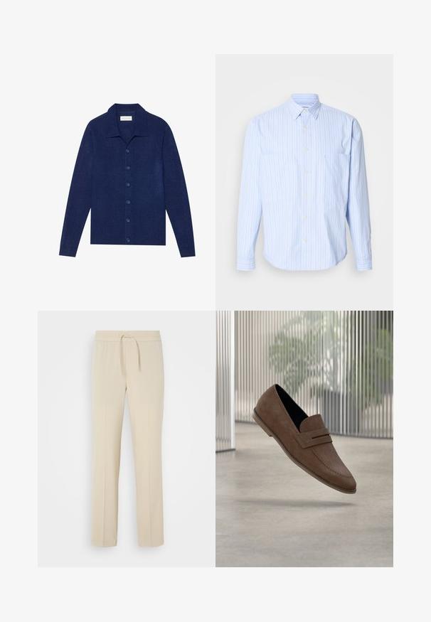 Marineblå knap-op cardigan, lavet af struktureret stof, med krave og lange ærmer, forsynet med seks matchende knapper.; Lyseblå skjorte med knapper og lodrette striber i hvid og pastel farver, blødt bomuldsstof, to brystlommer og lange ærmer.; Beige, elastisk taljebukser med snoretræk. Har lige ben og en glat tekstur, velegnet til afslappet brug eller afslapning.; Brune ruskind loafers med en glat finish, syningsdetaljer og rundet tådesign. Forhøjet sål og slip-on stil.