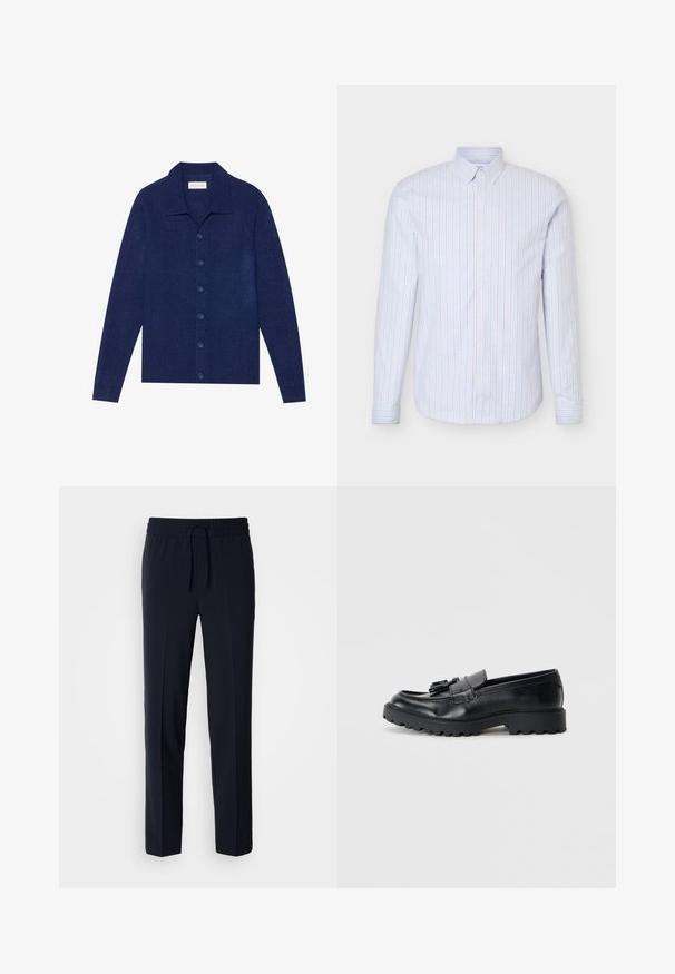Maritiemblauwe, knoopsluiting cardigan van textuurstof, met een kraag en lange mouwen, voorzien van zes bijpassende knopen.; Lichtblauw herenoverhemd met knopen, verticale witte en dunne rode strepen, lange mouwen en een button-down kraag.; Marineblauwe, lichte broeken met een elastische tailleband en verstelbaar trekkoord, met een recht model en een gladde textuur.; Zwarte leren loafers met een glanzende afwerking, een dikke rubberen zool en een decoratieve kwastdetail aan de voorkant.