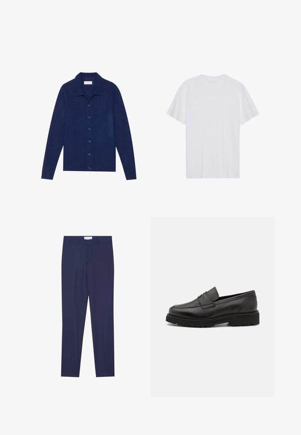 Marineblå knap-op cardigan, lavet af struktureret stof, med krave og lange ærmer, forsynet med seks matchende knapper.; Hvid bomulds T-shirt med korte ærmer, rund hals og en glat tekstur. Har minimal branding på halsudskæringen.; Marineblå bukser i glat stof med flad front, to sidelommer, lynlås i front og ren nederkant uden mønstre eller accenter.; Sort læder loafersko med rund tå, syningsdetaljer og en tyk, struktureret sål. Har et elegant, minimalistisk design.