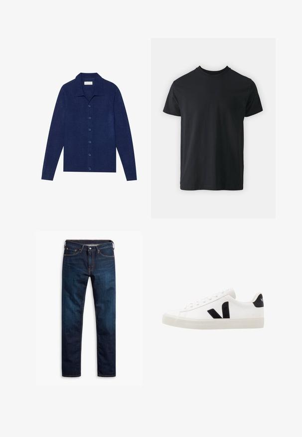 Maritiemblauwe, knoopsluiting cardigan van textuurstof, met een kraag en lange mouwen, voorzien van zes bijpassende knopen.; Zwart katoenen T-shirt met korte mouwen, ronde hals en een relaxte pasvorm. Glad textuur en rechte zoom, geen zichtbare graphics of patronen.; Donkere blauwe denim jeans met een rechte pijpontwerp, voorzien van oranje stiksels, vijf zakken en een knoopsluiting in de taille.; Witte leren sneaker met zwarte suède accenten; voorzien van een rubberen zool, ronde neus en een klassieke vetersluiting. Zijkant met logo in het zwart.