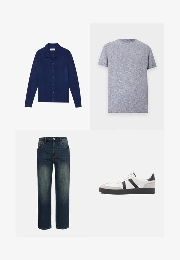 Marineblå knap-op cardigan, lavet af struktureret stof, med krave og lange ærmer, forsynet med seks matchende knapper.; T-shirt med korte ærmer og rund halsudskæring med tynde horisontale marineblå og hvide striber samt et lille rektangulært mærke nær kanten.; Mørkeblå jeans med lige ben, let falmet foran på lårene, fem lommer og knaplukning i taljen.; Hvide sneakers med sorte og grå detaljer, med en tekstureret grå tåhætte, sort gummisål og flade hvide snørebånd. Rent design, minimalistisk stil.