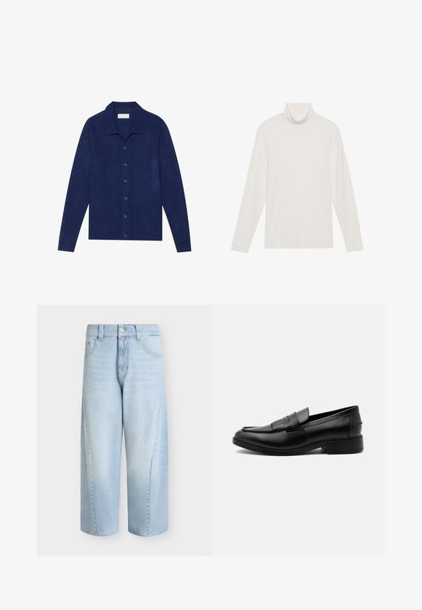 Marineblå knap-op cardigan, lavet af struktureret stof, med krave og lange ærmer, forsynet med seks matchende knapper.; Langærmet turtleneck top i hvid. Blødt, strækbart stof med en tætsiddende silhuet. Har en høj krave og minimal sømdetaljering.; Lyseblå denim-jeans med vid ben, forlommer, bæltestropper, knaplukning og kort længde.; Sort læder herre loafers med kvast detalje, rundet tå, lav hæl og glat poleret finish, vist fra siden på hvid baggrund.