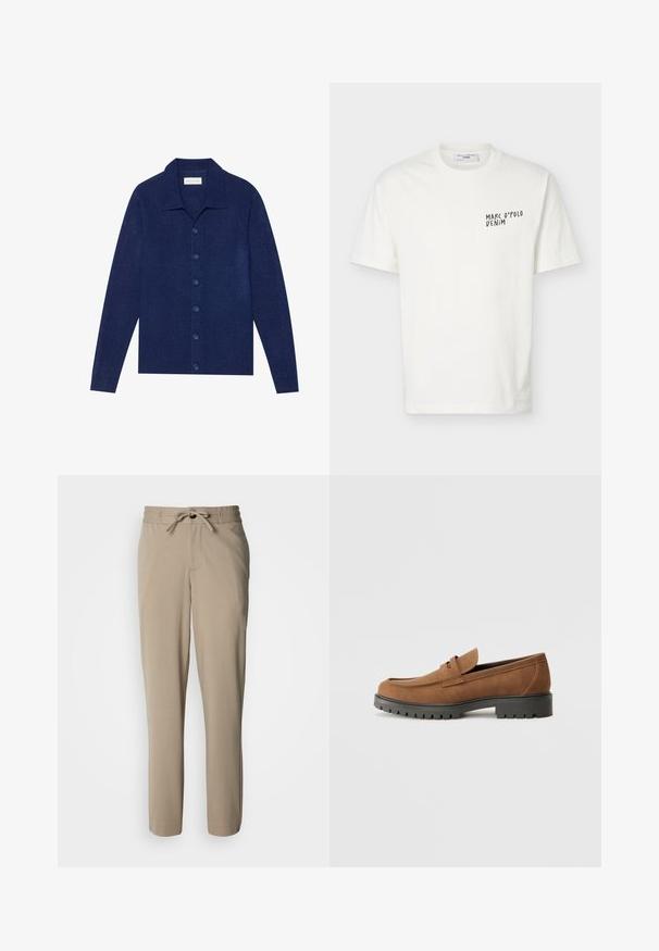 Marineblå knap-op cardigan, lavet af struktureret stof, med krave og lange ærmer, forsynet med seks matchende knapper.; Hvid T-shirt med korte ærmer og rund halsudskæring med "Marc O’Polo Denim"-logo trykt i sort på venstre bryst.; Beige bukser lavet af et blødt stof, med snøre i taljen og en afslappet pasform, med lige ben og ingen synlige lommer.; Brune Suede loafers med en rund tå og en lav sort gummisål, der har et dekorativt bånd og syninger på overdelen.