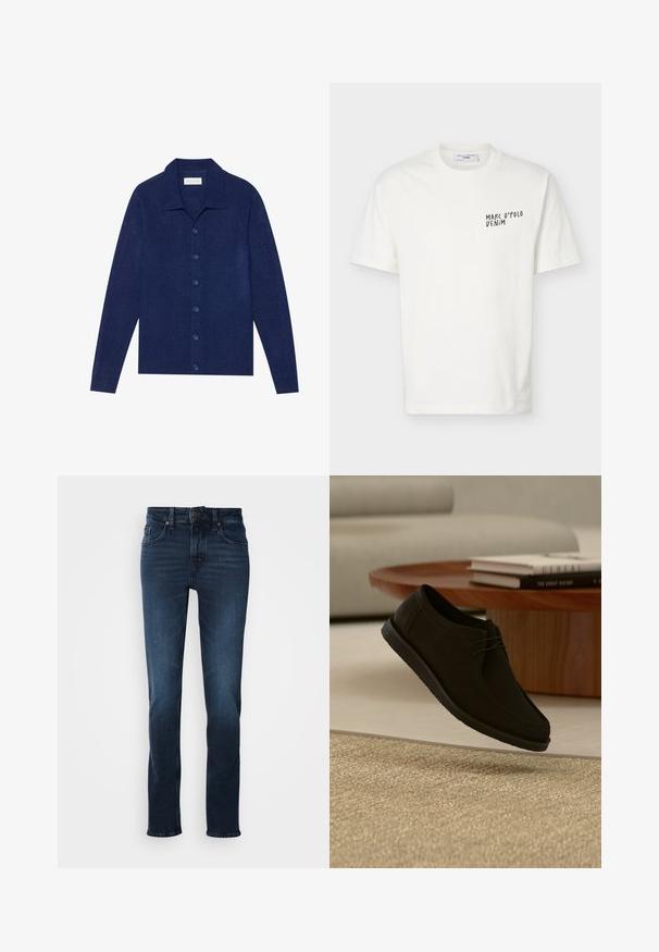 Marineblå knap-op cardigan, lavet af struktureret stof, med krave og lange ærmer, forsynet med seks matchende knapper.; Hvid T-shirt med korte ærmer og rund halsudskæring med "Marc O’Polo Denim"-logo trykt i sort på venstre bryst.; Mørkeblå denim jeans med lige ben-design, fem-lomme stil, frontknaplukning og subtilt slid på lårene.; Sort læder snøresko, der svæver over beige tekstureret tæppe, med rundt træbord og stabler af bøger i blød fokus baggrund.