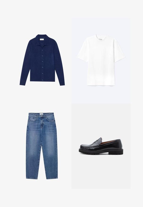Maritiemblauwe, knoopsluiting cardigan van textuurstof, met een kraag en lange mouwen, voorzien van zes bijpassende knopen.; Effen witte T-shirt met korte mouwen en ronde hals, met een losse pasvorm, weergegeven op een lichte achtergrond.; Blauwe denim jeans met een hoge taille, rechte pijpen en een vervaagde afwerking. Beschikt over vijf zakken en een knoopsluiting.; Zwarte leren penny loafer met chunky rubberen zool en moc-toe stiksel, in profiel weergegeven op een witte achtergrond.