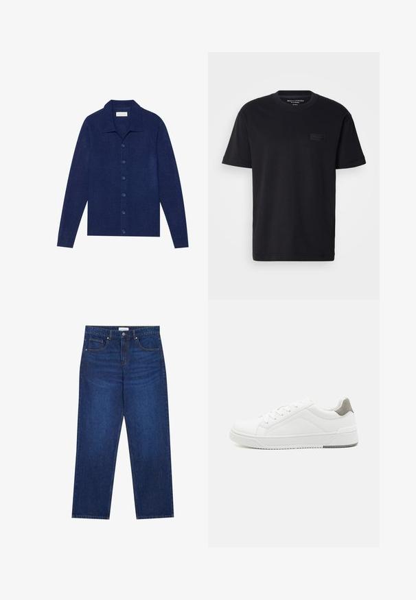 Marineblå knap-op cardigan, lavet af struktureret stof, med krave og lange ærmer, forsynet med seks matchende knapper.; Sort bomulds t-shirt med korte ærmer, rund halsudskæring og en tekstureret, sort logo-patch på brystet. Glat, let stof.; Mørkeblå denimjeans med lige ben-design, der har en knap- og lynlåslukning, fem lommer og synlige syninger.; Hvid sneaker lavet af glat læder, rund tå, minimalistisk design, grå hælafsats og tekstureret gummisål.