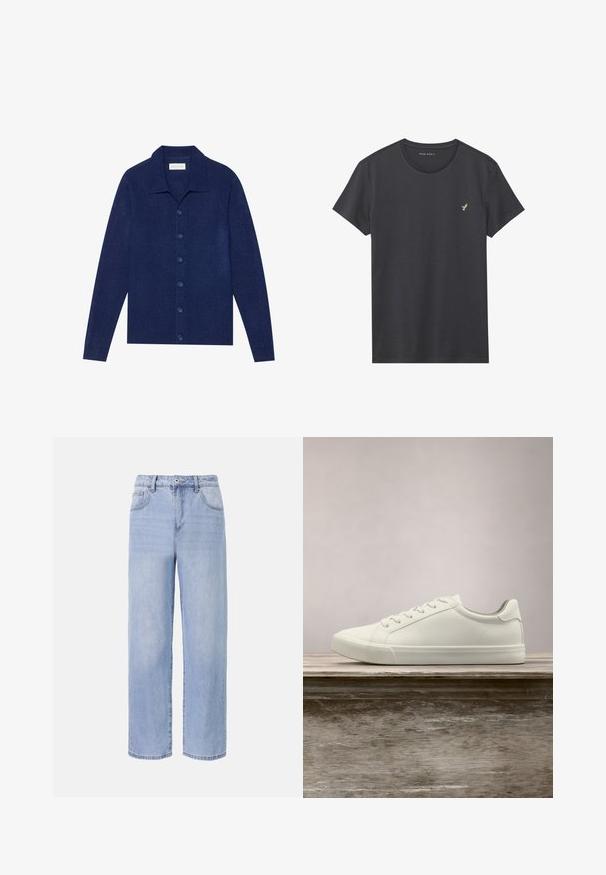 Marineblå knap-op cardigan, lavet af struktureret stof, med krave og lange ærmer, forsynet med seks matchende knapper.; Mænds mørkegrå bomulds t-shirt med rund hals. Har et lille guld broderet fuglelogo på venstre bryst. Korte ærmer, almindelig pasform.; Lyseblå denimjeans med et afslappet, bredbenet design. Funktioner inkluderer fem lommer, en frontknaplukning og diskret falmning.; Hvide snørresneakers svævende over en træbænk med grønne planter i baggrunden, der fremhæver skodesign og tekstur.