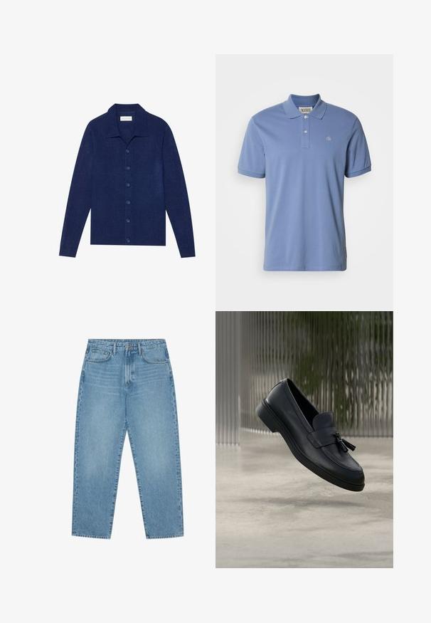 Marineblå knap-op cardigan, lavet af struktureret stof, med krave og lange ærmer, forsynet med seks matchende knapper.; Lyseblå polo lavet af bomuld med klassisk spidset krave, to-knaps stolpelukning, korte ærmer og lille broderet logo.; Lyseblå denimjeans med lige ben, fem-lomme design og en let falmet struktur. Indeholder knap- og lynlåslukning.; Sorte læderloafers med en glat tekstur, en rundet tå og dekorative kvaster foran. Fleksibel gummisål med lav hæl.