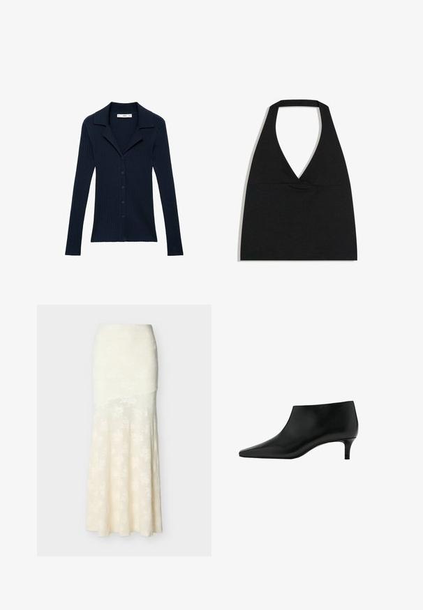 Marine rib gebreide cardigan met lange mouwen en een puntige kraag, voorzien van zes knopen aan de voorkant en een textuur gebreid ontwerp.; Zwarte haltercrop top met diepe V-halslijn en brede nekband tegen een witte achtergrond.; Ivoorkleurige lange rok met subtiel bloemenpatroon, aansluitend bij de taille en heupen, die zachtjes uitloopt naar de zoom.; Zwarte leren enkellaars met puntige neus en lage kittenhak, ontworpen voor elegante en formele gelegenheden.
