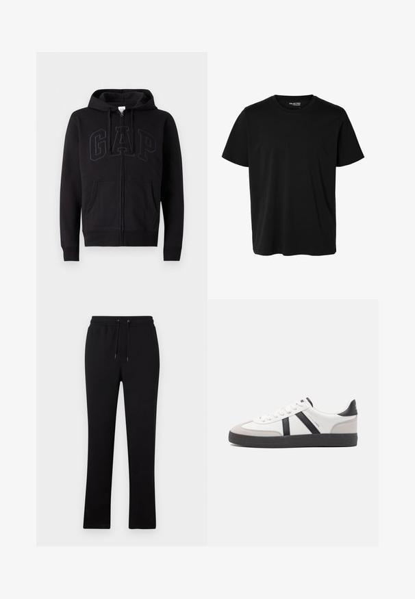 Sweat à zip noir en mélange de coton. Dispose d'une poche kangourou, d'une capuche avec cordon de serrage et d'un grand logo GAP à l'avant en gris foncé.; T-shirt noir uni à manches courtes et col rond pour homme, sans motifs ni logos visibles à l’avant.; Pantalon de survêtement noir avec un design à jambe droite, taille élastique avec un cordon de serrage, sans motifs ni accents visibles.; Baskets blanches avec des accents noirs et gris, présentant un embout texturé gris, une semelle en caoutchouc noir et des lacets plats blancs. Design épuré, style minimaliste.