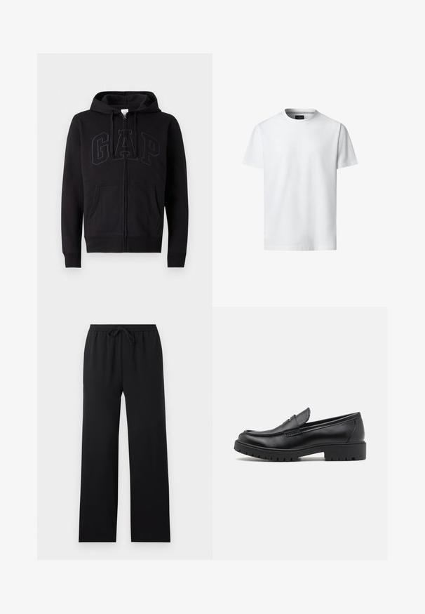Sweat à zip noir en mélange de coton. Dispose d'une poche kangourou, d'une capuche avec cordon de serrage et d'un grand logo GAP à l'avant en gris foncé.; T-shirt blanc uni à manches courtes et col rond, présenté sur un fond blanc, vue de face avec l'étiquette de la marque visible à l'intérieur du col.; Pantalon noir ample avec taille élastique et cordon de serrage à l'avant, jambes droites, design sobre, présenté sur un fond neutre.; Mocassins en cuir noir avec un bout arrondi, un design à enfiler et une semelle en caoutchouc épaisse avec une texture antidérapante. Talon surélevé et détails de surpiqûre subtils.