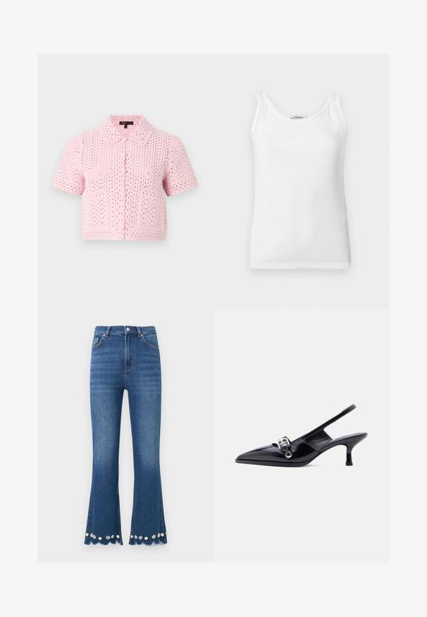 Cardigan rose à manches courtes en crochet avec col, boutons sur le devant et deux poches avant, présenté sur un fond gris clair.; Débardeur blanc côtelé sans manches avec bordure en dentelle sur les bretelles, doté d'un col rond.; Jean en denim bleu moyen avec jambes évasées, ourlets effilochés et ornements décoratifs de perles et de fleurs le long des bords inférieurs.; Chaussure à talon bas en cuir verni noir avec bride arrière, bout pointu et détail boucle argentée sur fond blanc uni.