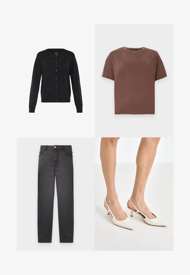 Sort strikket cardigan med rund halsudskæring, lange ærmer og knaplukning foran. Har ribbet tekstur og en lille logo-accent.; Brun T-shirt med korte ærmer og rund hals med afslappet pasform, ensfarvet design og uden synlige logoer eller mønstre mod en ensfarvet hvid baggrund.; Sorte denim jeans med høj talje, lige ben-design, to forlommer og sølvfarvet knaplukning. Glat tekstur med svag glans.; Beige patenterede læder slingback hæle med spids tå og 5 cm hæl, med udskårne sider og en tynd ankelrem.