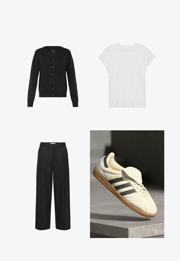 Sort strikket cardigan med rund halsudskæring, lange ærmer og knaplukning foran. Har ribbet tekstur og en lille logo-accent.; Hvid kortærmet t-shirt med rund hals, afslappet pasform, lavet af blødt bomuldsstof. Glat tekstur, ingen mønstre eller logoer.; Sorte bukser med vide ben og en glat tekstur, der har en flad front, bæltestropper og ingen synlige pynt. Skræddersyet til en løs pasform.; Cremefarvede lædersneakers med tre mørke striber, en brun gummisål og en afrundet tå. Har en foldbar tunge mærket "SAMBA."