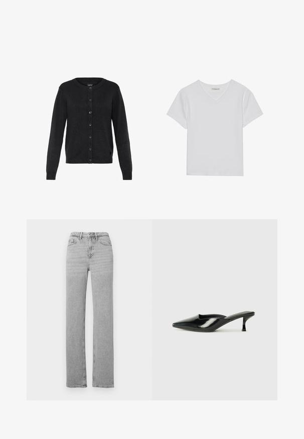 Cardigan noir en maille avec un col rond, des manches longues et une fermeture à boutons. Il présente une texture côtelée et un petit logo en accent.; T-shirt blanc à manches courtes en V, en tissu côtelé. Présente un design épuré avec un ourlet droit et un minimum de détails.; Jean denim gris clair à jambes droites avec bouton et fermeture éclair à l'avant, passants de ceinture et design cinq poches.; Mules en cuir verni noir avec un bout pointu, un petit talon et des côtés courbés, présentant une finition brillante et un design minimaliste.