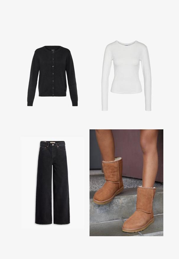 Cardigan noir en maille avec un col rond, des manches longues et une fermeture à boutons. Il présente une texture côtelée et un petit logo en accent.; T-shirt blanc ajusté à manches longues avec col rond, présenté sur un fond blanc sans motifs ni logos visibles.; Jean noir à jambe large en denim, comportant cinq poches, des rivets en laiton et une fermeture à bouton classique. Texture lisse avec un design épuré.; Bottines en suede marron, à bout rond, avec une doublure douce et une semelle en caoutchouc, présentant des détails de couture visibles le long des coutures.