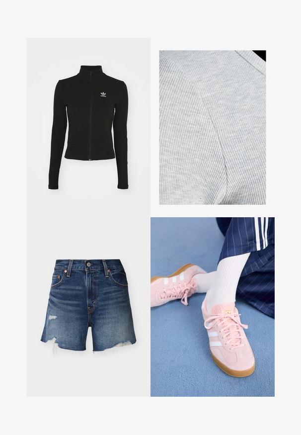 Must mustressede jakk, millel on pikad varrukad ja mis on valmistatud tekstuurilisest materjalist, ning mille vasakul rinnaku kohal on väike sinine Adidas'i logo.; Helehall ribatooted tekstuur, millel on peen tekstuur, vertikaalsed triibud ja sile viimistlus, loodud paindlikuks riiete valmistamiseks.; Sinised teksapüksid, mille servad on lõdvalt lõhenevad ja kulunud plekid, heleda ühevärvilise taustaga, eestvaade.; Heledad roosa nahkkingad valgete triipude ja paeltega, tekstuurse keele ja kummimooduliga, asetatud sinisele vaibale.