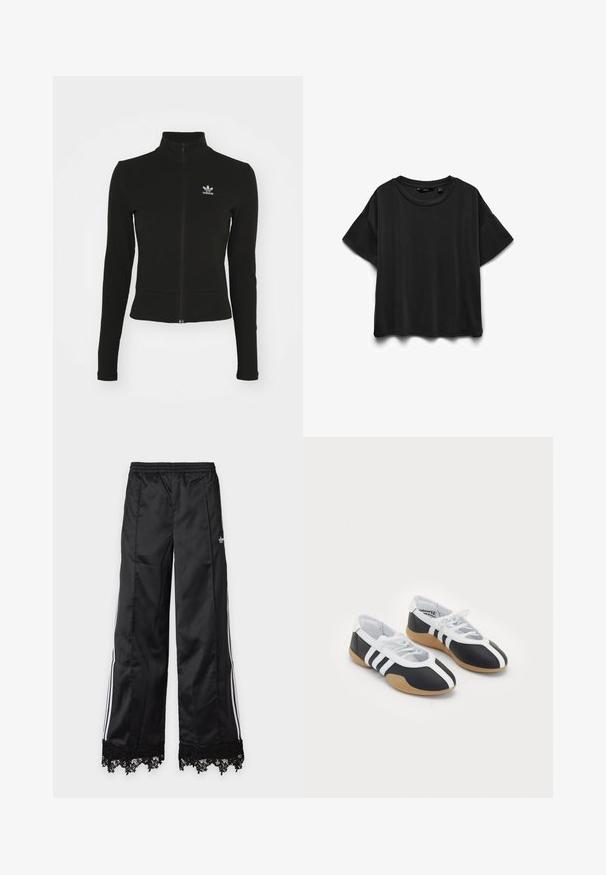 Sort zip-up jakke med lange ærmer, lavet af tekstureret materiale, med et lille blåt Adidas-logo på venstre bryst.; Sort kortærmet bomuld T-shirt med rund halsudskæring, vist fladt på hvid baggrund.; Sorte vidde løbebukser med hvide sidelister, elastisk talje og sort blondekant ved kanten mod en lys baggrund.; Sort-hvide sportsko med et slankt design, gummisål, snørebåndslukning og tre hvide striber på siden.