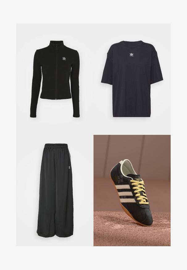 Must mustressede jakk, millel on pikad varrukad ja mis on valmistatud tekstuurilisest materjalist, ning mille vasakul rinnaku kohal on väike sinine Adidas'i logo.; Must must t-särk lühikeste varrukatega, ümmargune kaelus, rinnal valge Adidas logo. Lihtne disain, mugav lõige.; Mustad, vabalt langevad spordipüksid, mis on valmistatud siledast kangast. Omab elastset vöökoht ja külgedel triibusid koos logo aktsentidega.; Must mustus kingad kolme valge triibuga, kollased paelad ja tekstuuriga viimistlus. Omab kaarjat disaini ja kummist talla.