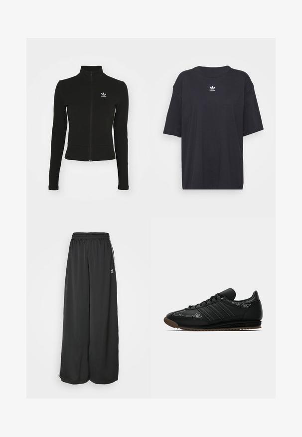 Doudoune noire zippée avec manches longues, fabriquée en matériau texturé, affichant un petit logo Adidas bleu sur la poitrine gauche.; T-shirt en coton noir à manches courtes, col rond, avec un logo Adidas blanc sur la poitrine. Design simple, coupe décontractée.; Pantalons de jogging noirs amples en tissu lisse. Comprend une taille élastique et des bandes latérales avec des accents de logo.; Baskets en cuir noires Adidas avec des détails brodés blancs, lacets noirs, semelle en caoutchouc marron et les trois bandes emblématiques sur le côté.