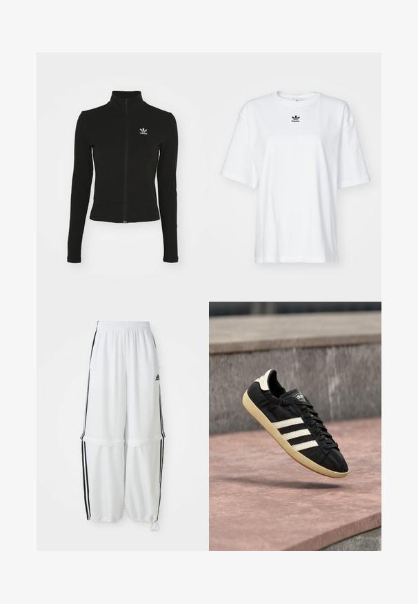 Doudoune noire zippée avec manches longues, fabriquée en matériau texturé, affichant un petit logo Adidas bleu sur la poitrine gauche.; T-shirt blanc à manches courtes en coton. Avec un col rond et un petit logo Adidas noir sur la poitrine. Ourlet droit.; Pantalons de sport blancs avec une coupe décontractée, une taille élastique et des rayures noires sur les côtés. Équipés de poches avec fermeture éclair et de poignets élastiques aux chevilles.; Baskets Adidas noires avec des bandes blanches et une semelle beige, capturées en plein air au-dessus d'une surface en pierre et d'un mur en pierre en arrière-plan.