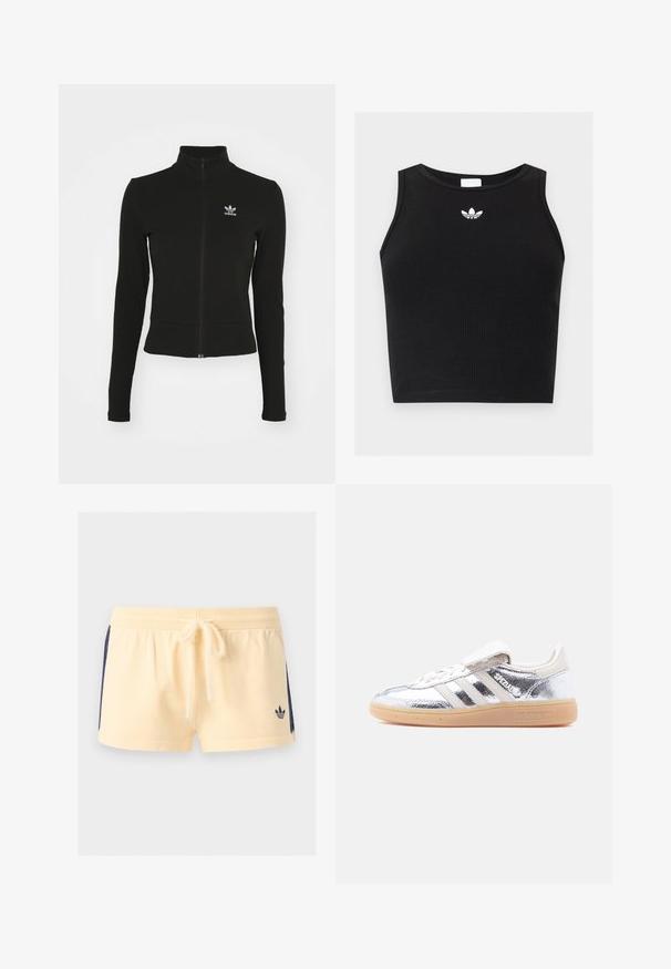 Sort zip-up jakke med lange ærmer, lavet af tekstureret materiale, med et lille blåt Adidas-logo på venstre bryst.; Sort ribbet ærmeløs crop top med rund halsudskæring og lille hvid Adidas trefoil-logo centreret nær kraven.; Beige shorts med elastisk talje, snøre, marineblå sidelommer og lille sort Adidas-logo på venstre frontben.; Sølvmetallic Adidas Spezial-sneaker med hvide striber og gummisål, vist fra venstre side på en ensartet hvid baggrund.