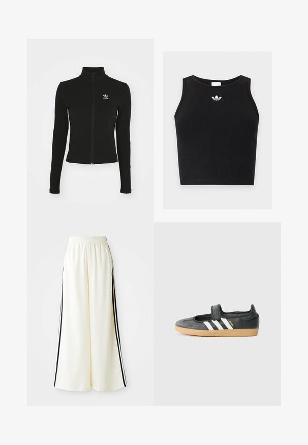 Čierna zipsová bunda s dlhými rukávmi, vyrobená z textúrovaného materiálu, s malým modrým logom Adidas na ľavej hrudi.; Čierny rebrovaný krátky top bez rukávov s okrúhlym výstrihom a malým bielym logom Adidas trefoil umiestneným v strede pri golieri.; Biele široké nohavice s elastickým pásom a čiernymi vertikálnymi pruhmi pozdĺž vonkajších švov.; Čierne kožené a zamšové tenisky s Velcro pásikom, s tromi bielymi pruhmi a gumenou podrážkou, označené nápisom "SAMBA" na boku.