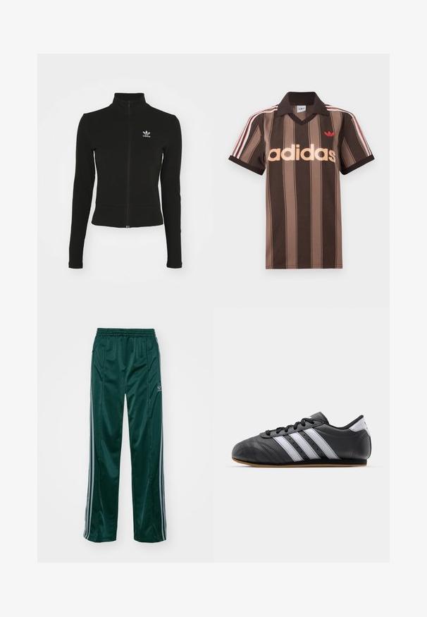 Doudoune noire zippée avec manches longues, fabriquée en matériau texturé, affichant un petit logo Adidas bleu sur la poitrine gauche.; Polo Adidas rayé marron avec col en V, col bordeaux, et logo rouge. Comprend des rayures blanches et rouges sur les épaules, manches courtes.; Pantalons de sport vert foncé en matériau brillant, avec des bandes latérales gris clair et un logo brodé sur la jambe gauche.; Baskets de sport en cuir noir avec des rayures blanches, bout rond, semelle plate et fermeture à lacets. Comprend des perforations pour la respirabilité.
