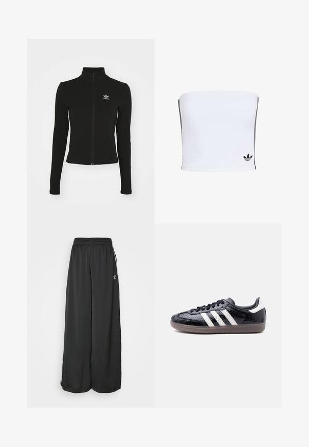 Zwarte zip-up jas met lange mouwen, gemaakt van textuurmateriaal, met een klein blauw Adidas-logo op de linkerborst.; Witte bandeau-top gemaakt van rekbaar materiaal. Bevat zwarte zijstrepen en een klein zwart logo aan de onderrand. Glad van textuur.; Zwarte, loszittende trainingsbroek van gladde stof. Voorzien van een elastische tailleband en zijstrepen met logo-accenten.; Zwarte sneaker met een laag profiel, met een gestructureerd slangenhuidpatroon, witte strepen aan de zijkant, zwarte veters en een doorschijnende bruine zool.